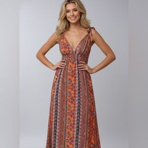 Boho Orange Tie Shoulder Criss Cross Backless Cami Dress